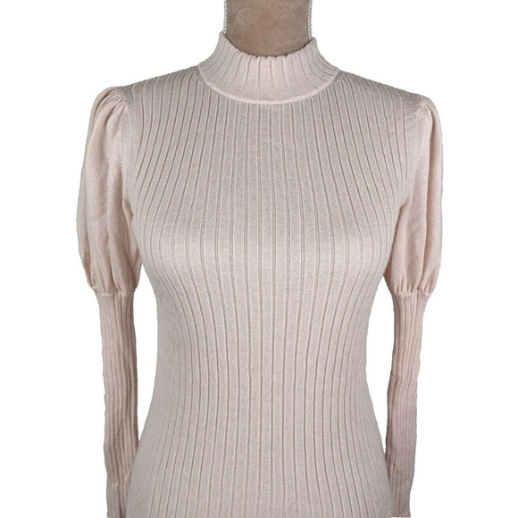 Leur Logette Pink Cashmere Silk Ribbed Balloon Sleeve Sweater Mock Neck XS - Picture 4 of 10